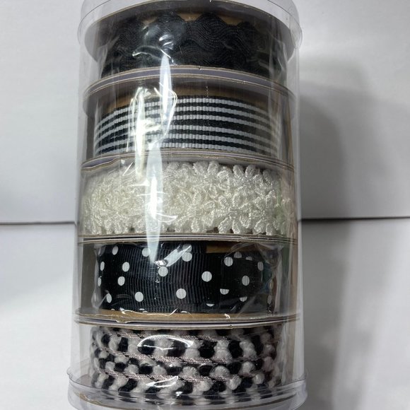 Black & White Coordinated Trim Ribbon 5 Rolls 2 Yards Each Flower Polka Dot - Picture 1 of 11